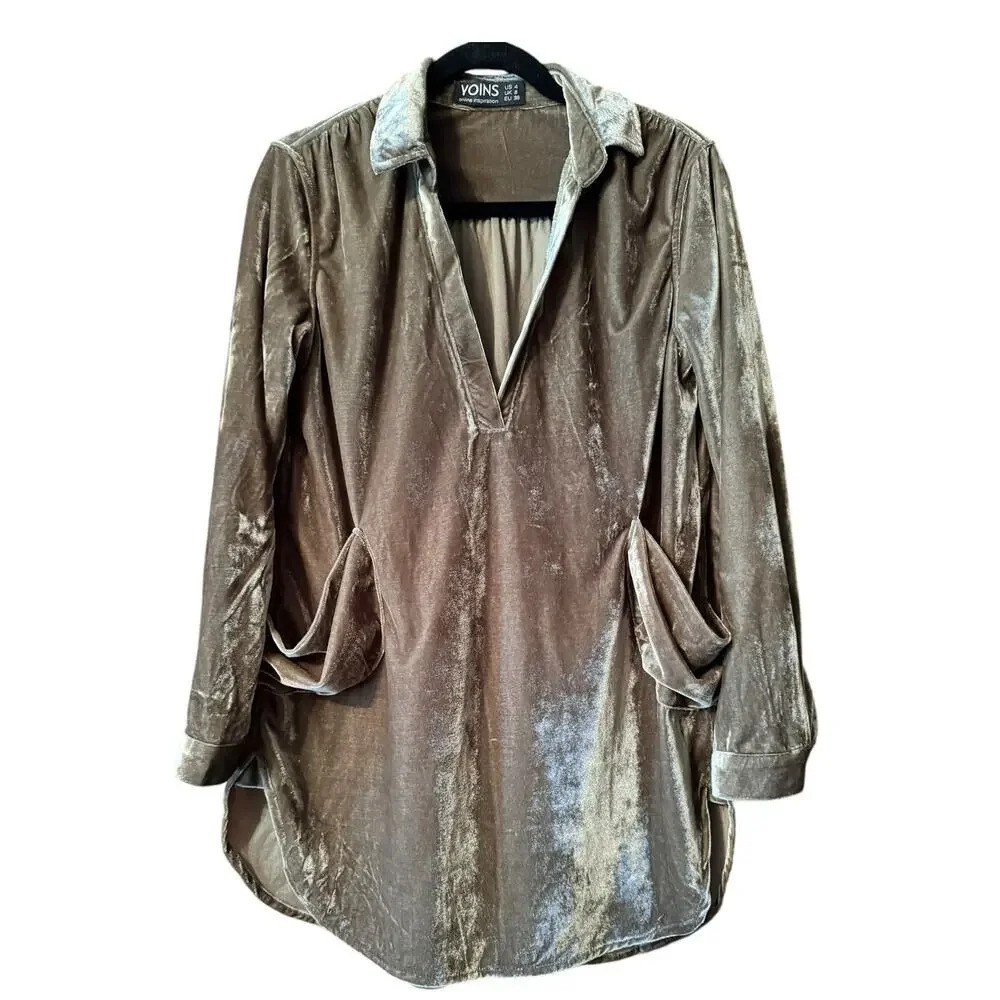 YOINS forest green Velvet tunic/mini shirt dress lagenlook unique city chic 4